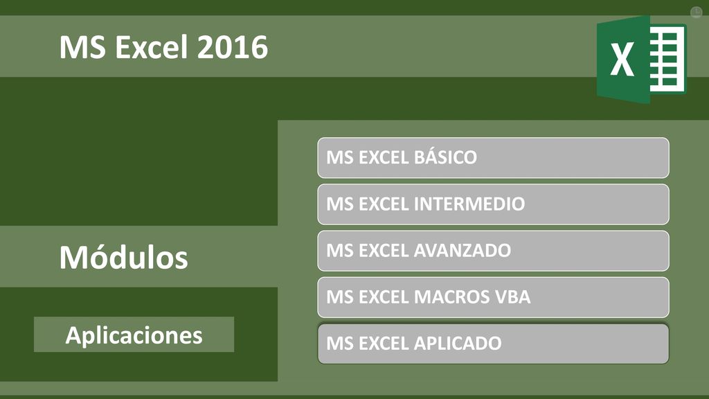 MS Excel 2016 Módulos Aplicaciones MS EXCEL BÁSICO MS EXCEL INTERMEDIO