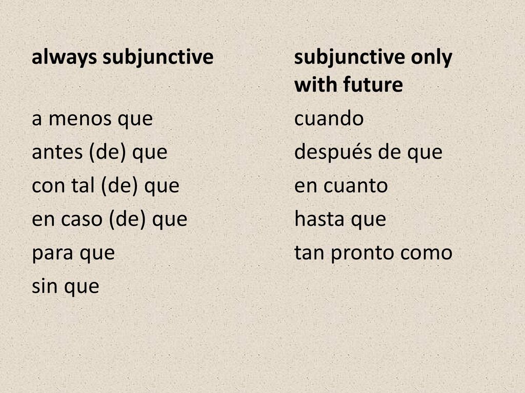 always subjunctive subjunctive only with future a menos que cuando antes (de) que después de que con tal (de) que en cuanto en caso (de) que hasta que para que tan pronto como sin que