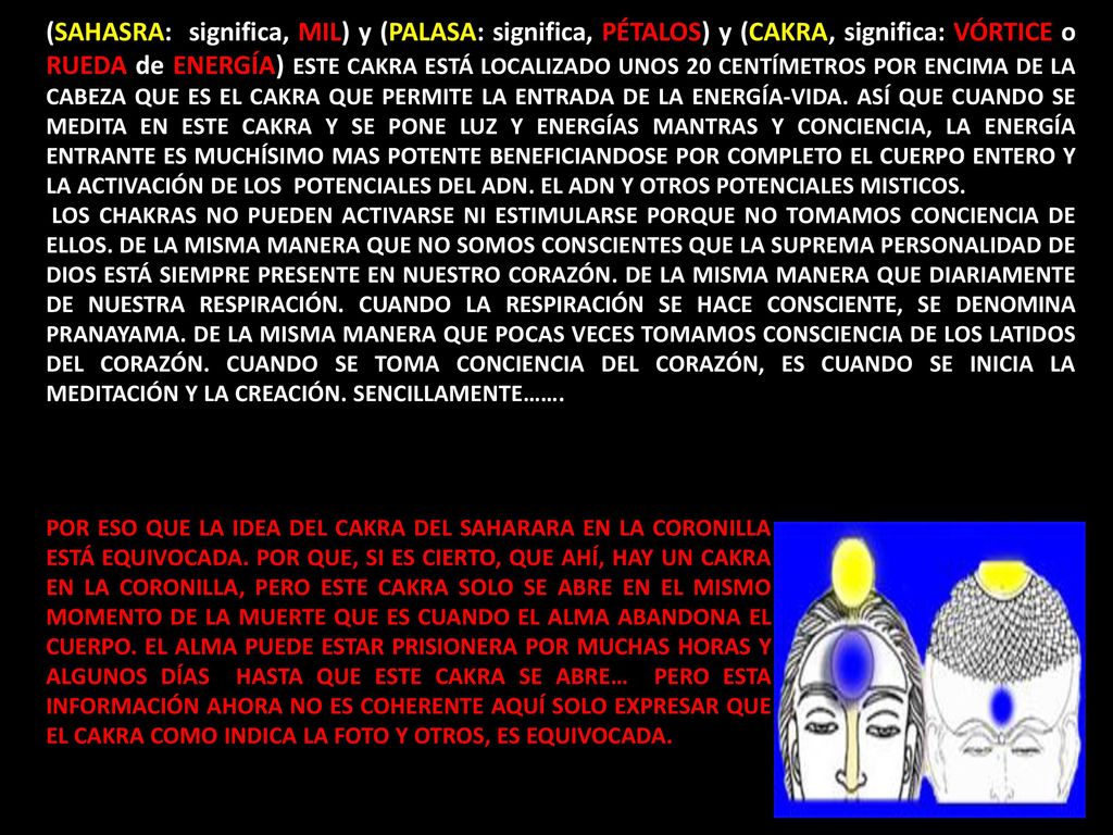 (SAHASRA: significa, MIL) y (PALASA: significa, PÉTALOS) y (CAKRA, significa: VÓRTICE o RUEDA de ENERGÍA) ESTE CAKRA ESTÁ LOCALIZADO UNOS 20 CENTÍMETROS POR ENCIMA DE LA CABEZA QUE ES EL CAKRA QUE PERMITE LA ENTRADA DE LA ENERGÍA-VIDA. ASÍ QUE CUANDO SE MEDITA EN ESTE CAKRA Y SE PONE LUZ Y ENERGÍAS MANTRAS Y CONCIENCIA, LA ENERGÍA ENTRANTE ES MUCHÍSIMO MAS POTENTE BENEFICIANDOSE POR COMPLETO EL CUERPO ENTERO Y LA ACTIVACIÓN DE LOS POTENCIALES DEL ADN. EL ADN Y OTROS POTENCIALES MISTICOS.