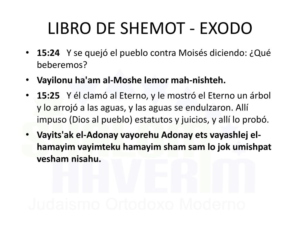 LIBRO DE SHEMOT - EXODO 15:24 Y se quejó el pueblo contra Moisés diciendo: ¿Qué beberemos Vayilonu ha am al-Moshe lemor mah-nishteh.