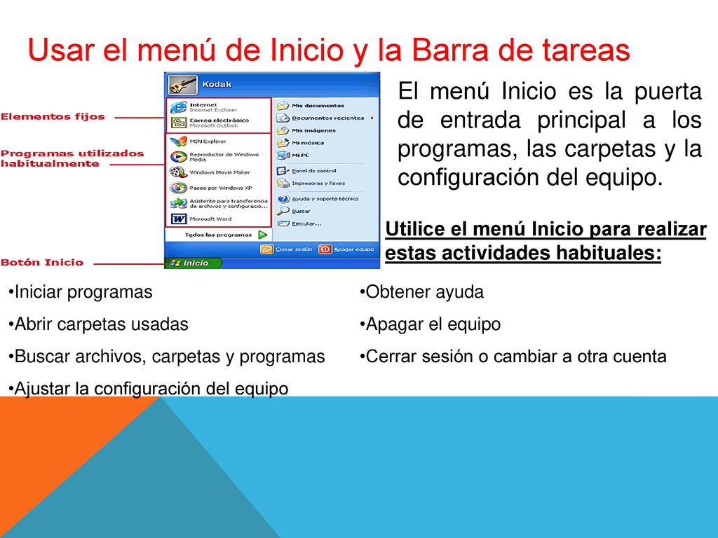 Usar el menú de Inicio y la Barra de tareas