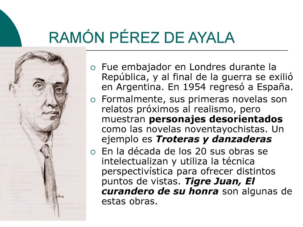 RAMÓN PÉREZ DE AYALA Fue embajador en Londres durante la República, y al final de la guerra se exilió en Argentina. En 1954 regresó a España.