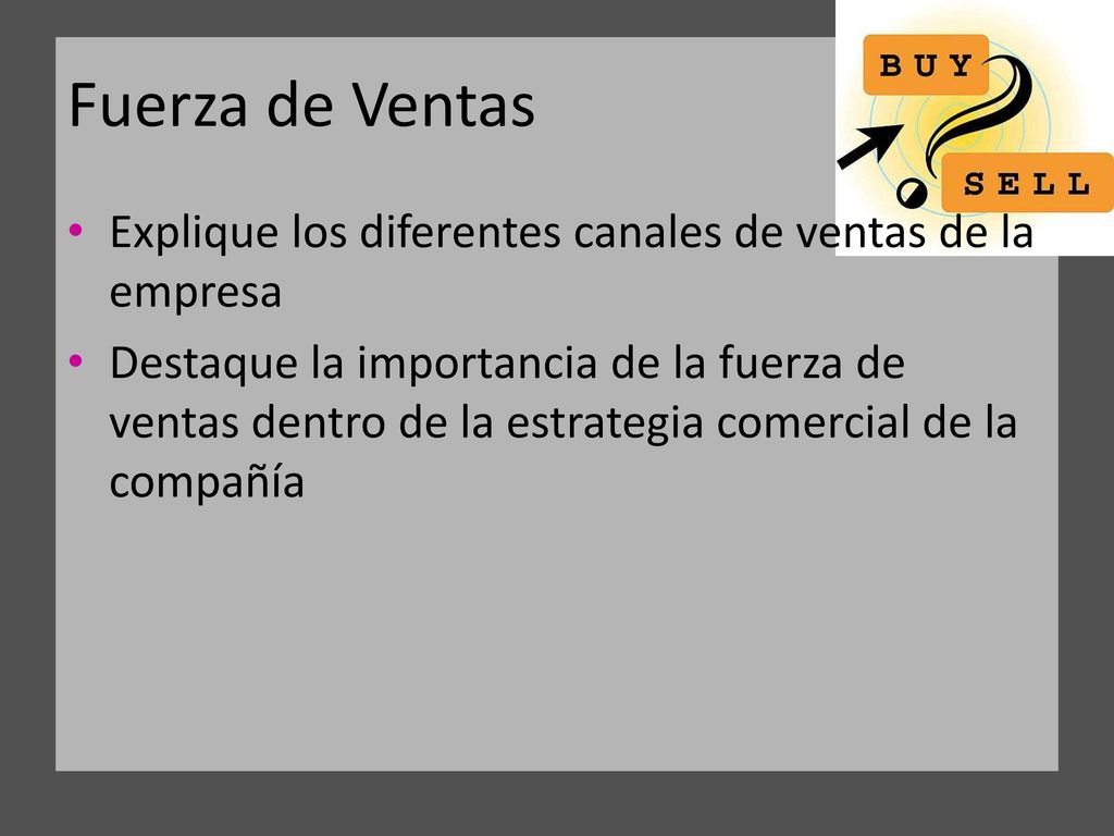 Fuerza de Ventas Explique los diferentes canales de ventas de la empresa.