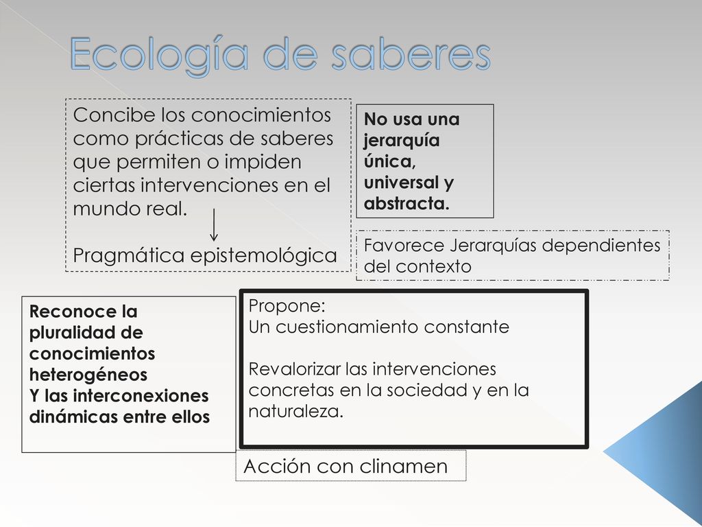 Ecología de saberes Concibe los conocimientos como prácticas de saberes que permiten o impiden ciertas intervenciones en el mundo real.