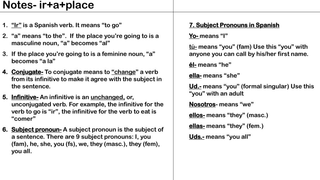 Notes- ir+a+place Ir is a Spanish verb. It means to go