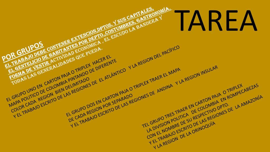 TAREA El trabajo debe contener extencion,dptos. Y sus capitales, el gentelicio de habitantes por depto.,costumbres, gastronomía,