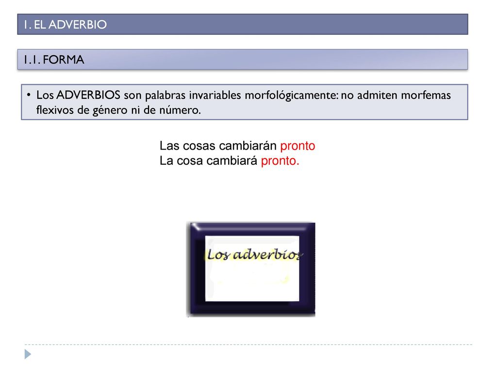 1. EL ADVERBIO 1.1. FORMA. Los ADVERBIOS son palabras invariables morfológicamente: no admiten morfemas flexivos de género ni de número.