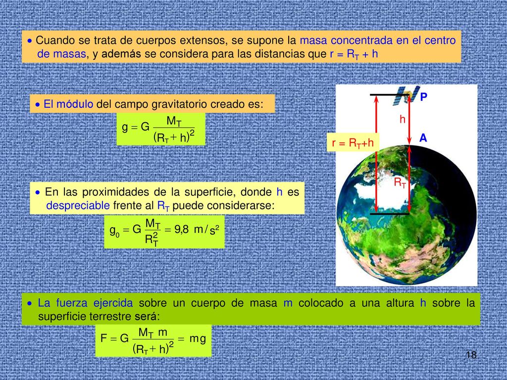  Cuando se trata de cuerpos extensos, se supone la masa concentrada en el centro de masas, y además se considera para las distancias que r = RT + h