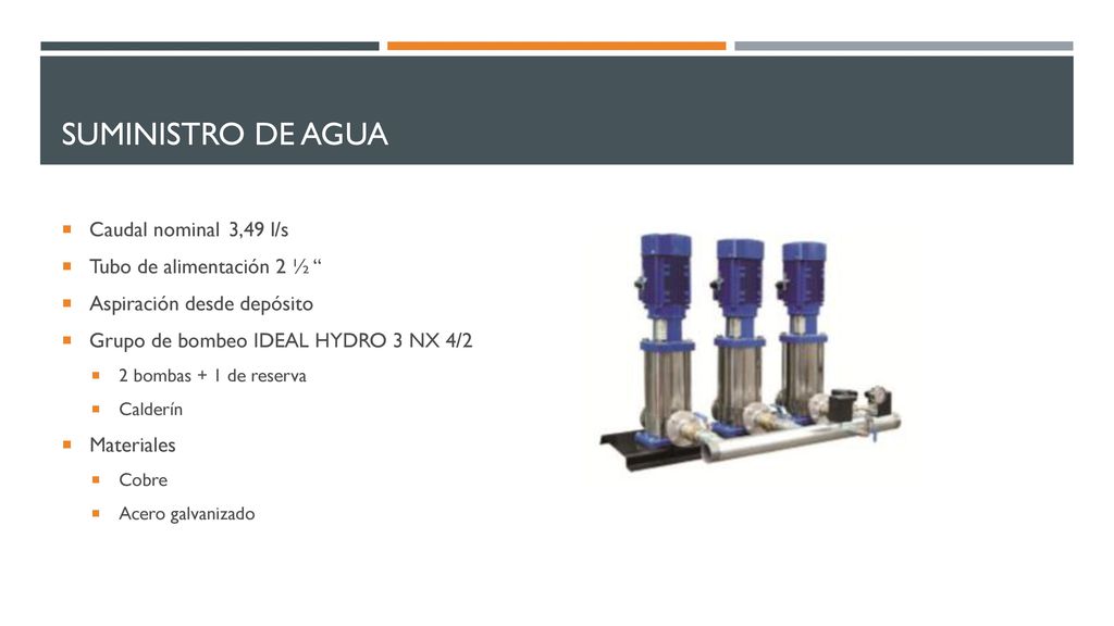Suministro de agua Caudal nominal 3,49 l/s Tubo de alimentación 2 ½