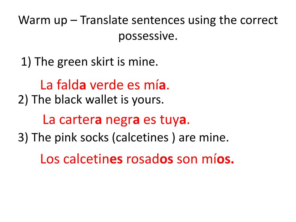 Warm up – Translate sentences using the correct possessive.