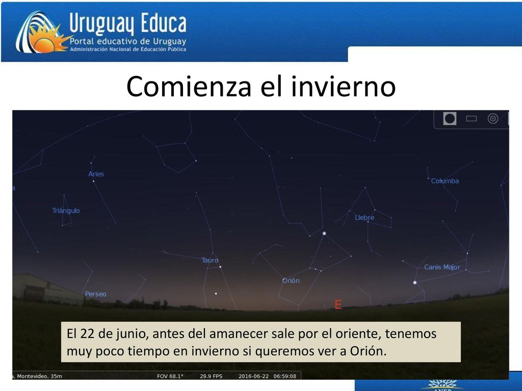 Comienza el invierno El 22 de junio, antes del amanecer sale por el oriente, tenemos muy poco tiempo en invierno si queremos ver a Orión.