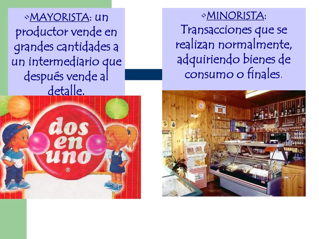 MAYORISTA: un productor vende en grandes cantidades a un intermediario que después vende al detalle.