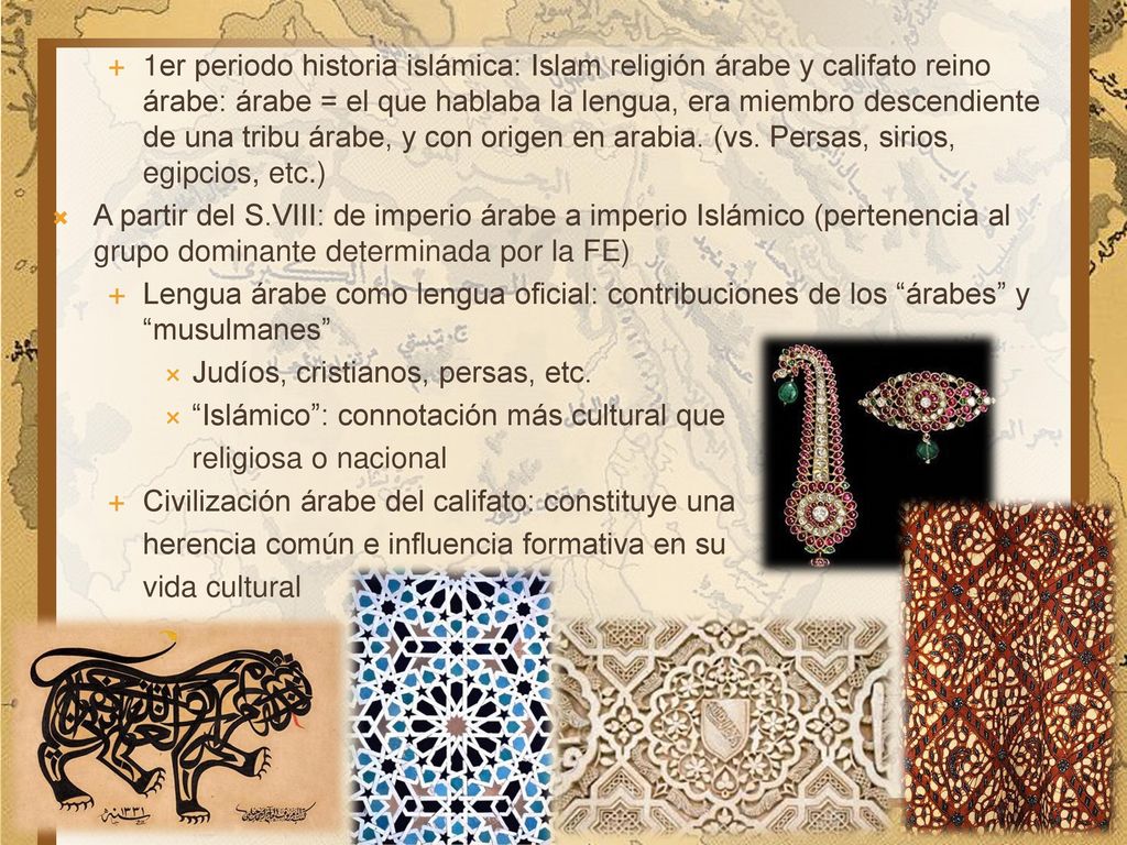 1er periodo historia islámica: Islam religión árabe y califato reino árabe: árabe = el que hablaba la lengua, era miembro descendiente de una tribu árabe, y con origen en arabia. (vs. Persas, sirios, egipcios, etc.)