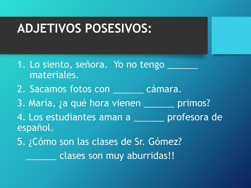 ADJETIVOS POSESIVOS: Lo siento, señora. Yo no tengo ______ materiales.