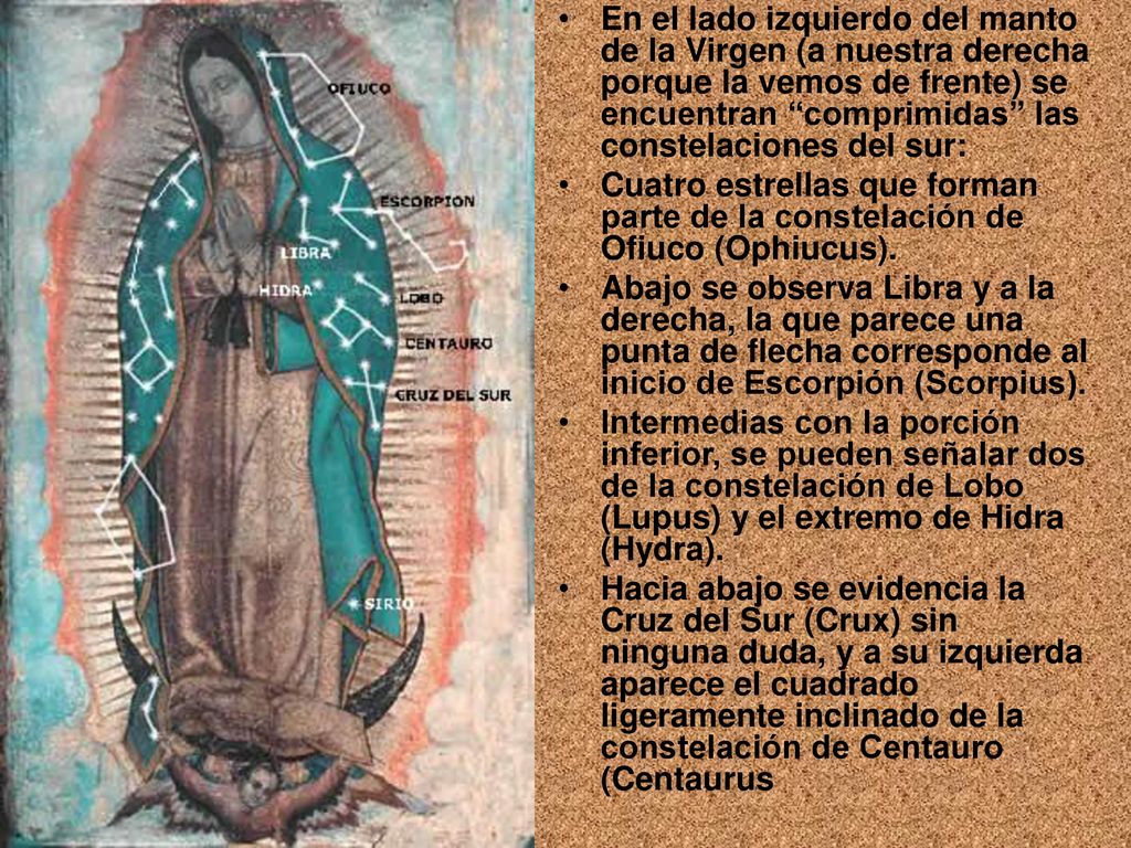 En el lado izquierdo del manto de la Virgen (a nuestra derecha porque la vemos de frente) se encuentran comprimidas las constelaciones del sur:
