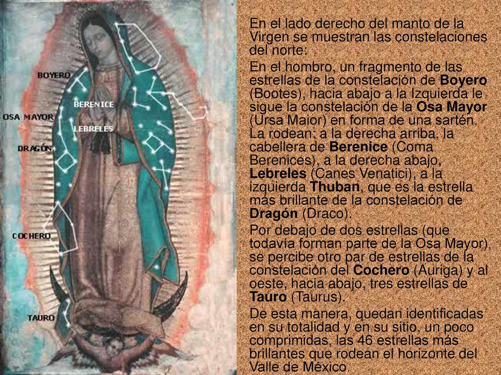 En el lado derecho del manto de la Virgen se muestran las constelaciones del norte:
