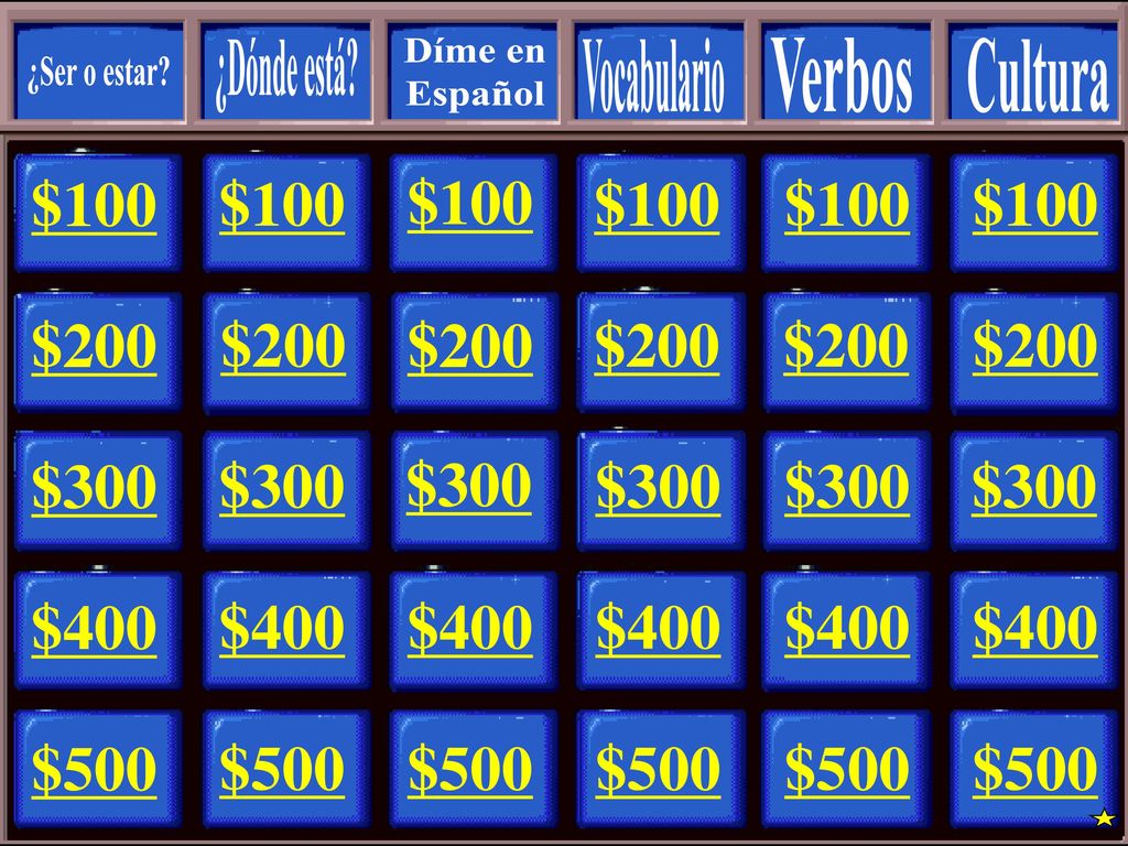 ¿Dónde está Díme en. Español. Vocabulario. Verbos. Cultura. ¿Ser o estar $100. $100. $100.