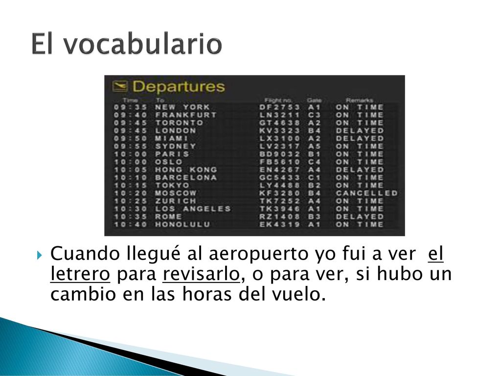 El vocabulario Cuando llegué al aeropuerto yo fui a ver el letrero para revisarlo, o para ver, si hubo un cambio en las horas del vuelo.