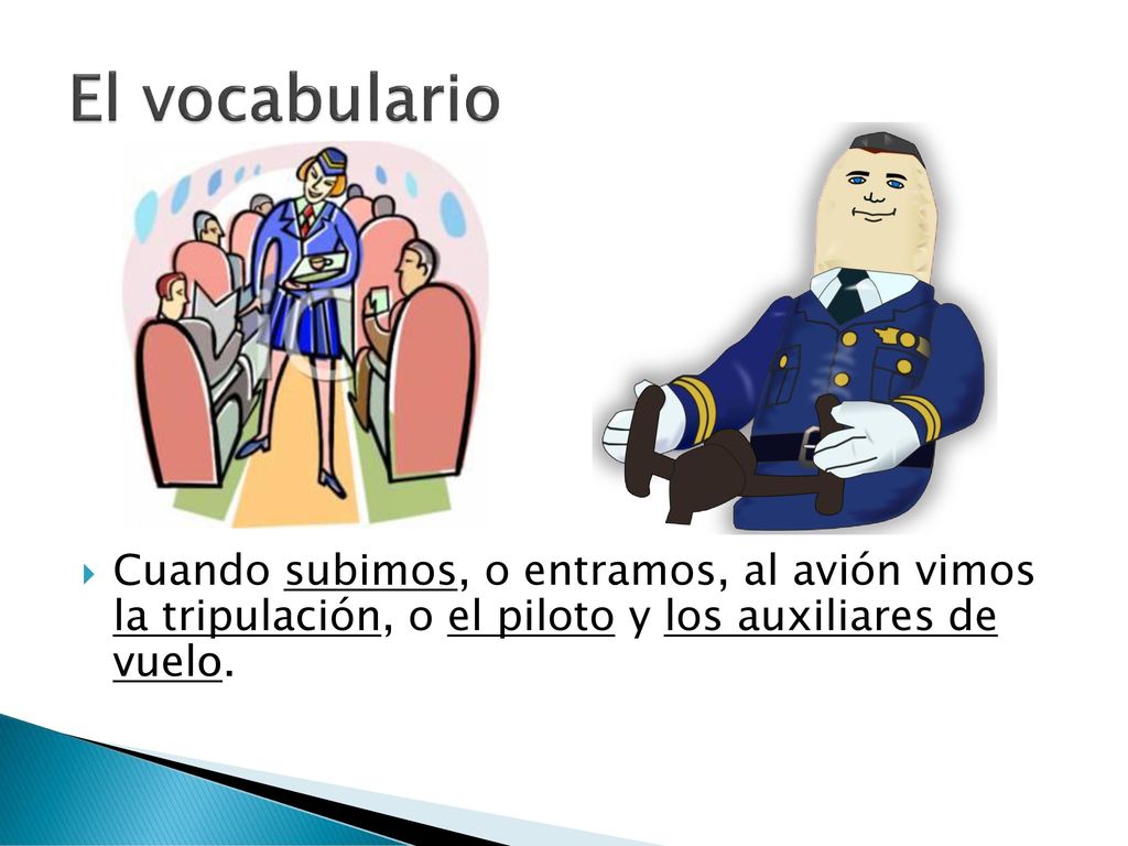 El vocabulario Cuando subimos, o entramos, al avión vimos la tripulación, o el piloto y los auxiliares de vuelo.
