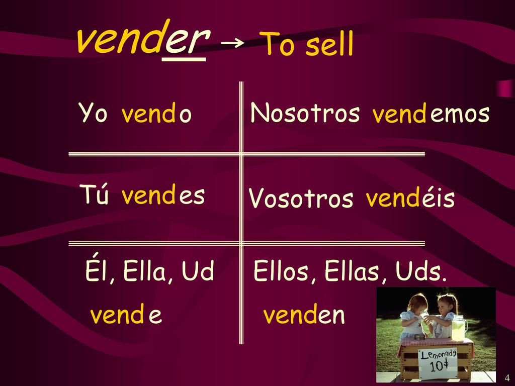 vender To sell Yo vend o Nosotros vend emos Tú vend es Vosotros vend