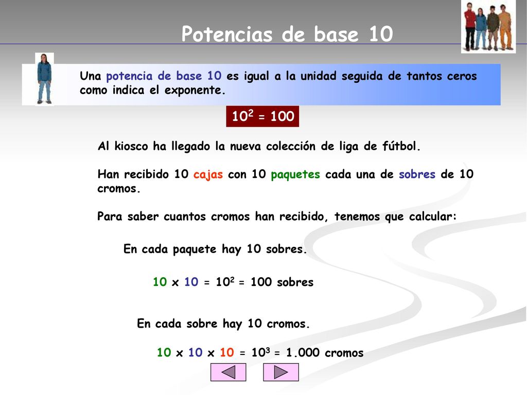 Potencias de base 10 Una potencia de base 10 es igual a la unidad seguida de tantos ceros como indica el exponente.