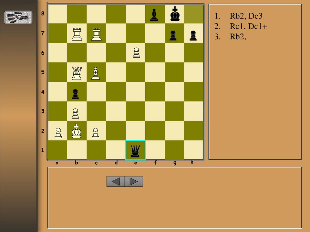 a b c d e f g h Rb2, Dc3 Rc1, Dc1+ Rb2,