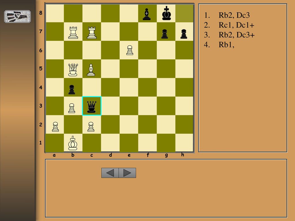 a b c d e f g h Rb2, Dc3 Rc1, Dc1+ Rb2, Dc3+ Rb1,