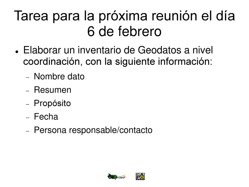 Tarea para la próxima reunión el día 6 de febrero