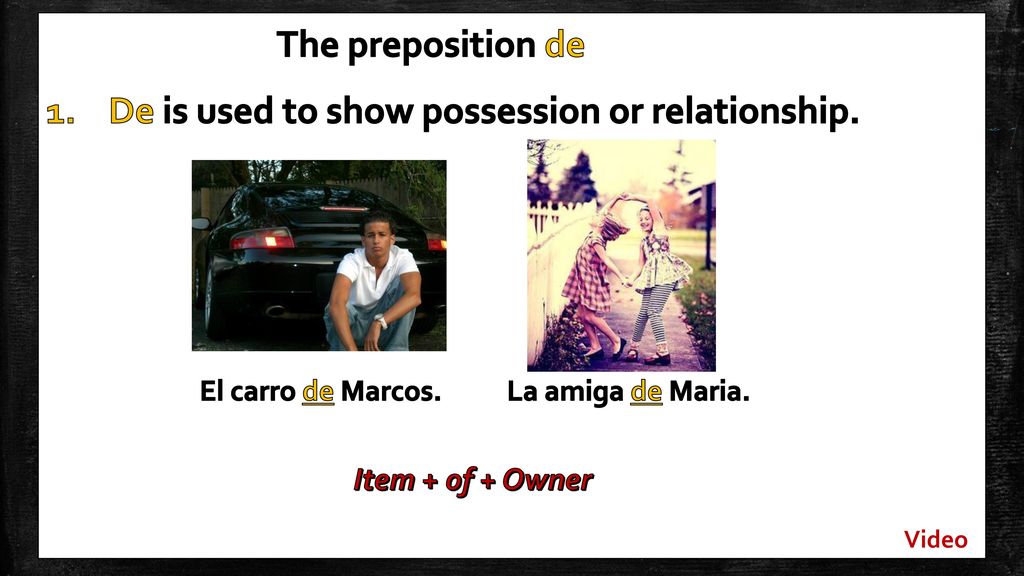 The preposition de De is used to show possession or relationship.