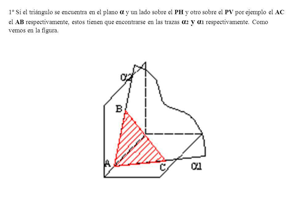 1º Si el triángulo se encuentra en el plano α y un lado sobre el PH y otro sobre el PV por ejemplo el AC el AB respectivamente, estos tienen que encontrarse en las trazas α2 y α1 respectivamente.