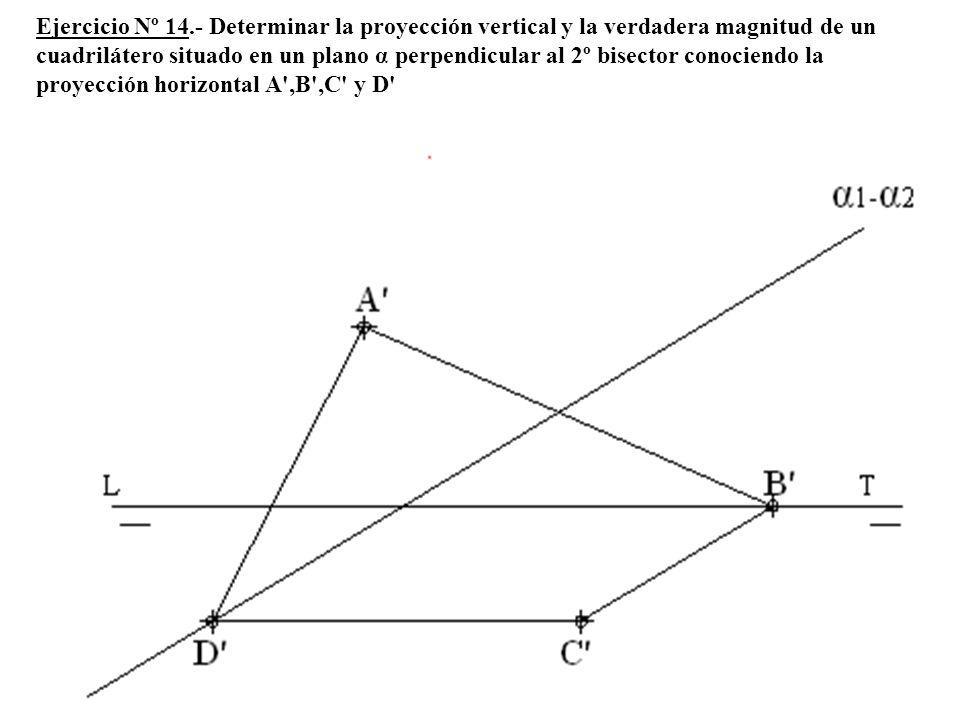 Ejercicio Nº 14.- Determinar la proyección vertical y la verdadera magnitud de un cuadrilátero situado en un plano α perpendicular al 2º bisector conociendo la proyección horizontal A ,B ,C y D