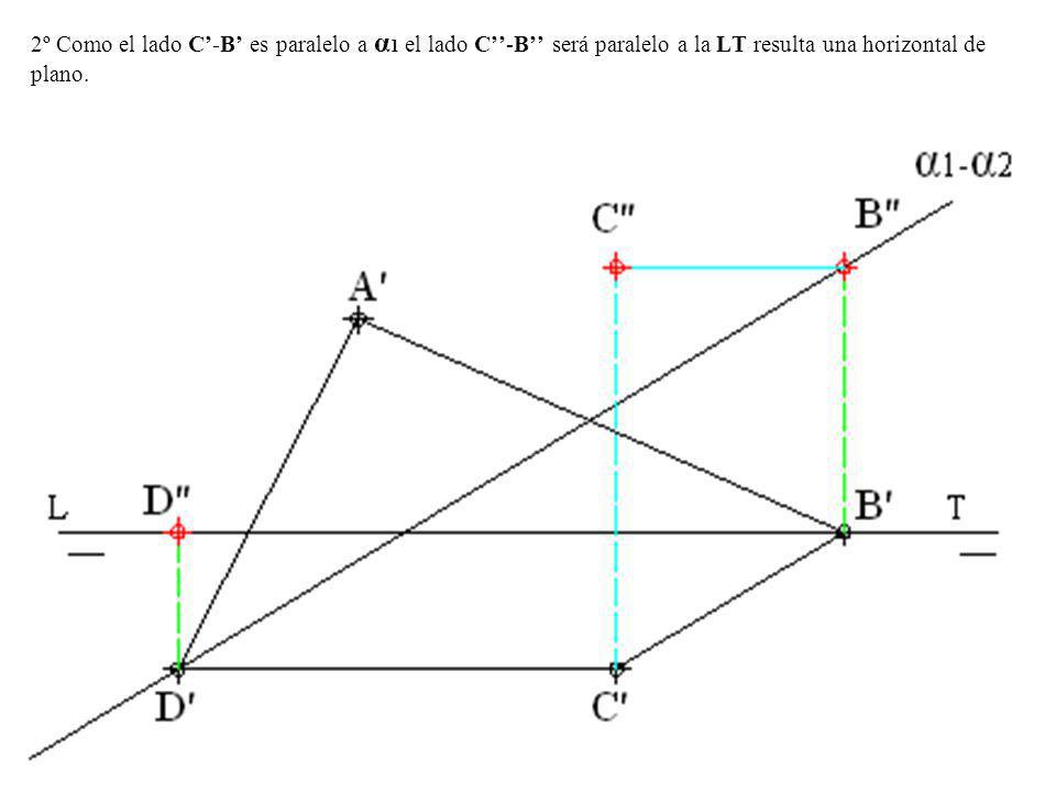 2º Como el lado C’-B’ es paralelo a α1 el lado C’’-B’’ será paralelo a la LT resulta una horizontal de plano.