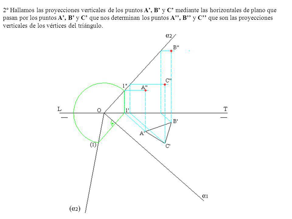2º Hallamos las proyecciones verticales de los puntos A’, B’ y C’ mediante las horizontales de plano que pasan por los puntos A’, B’ y C’ que nos determinan los puntos A’’, B’’ y C’’ que son las proyecciones verticales de los vértices del triángulo.