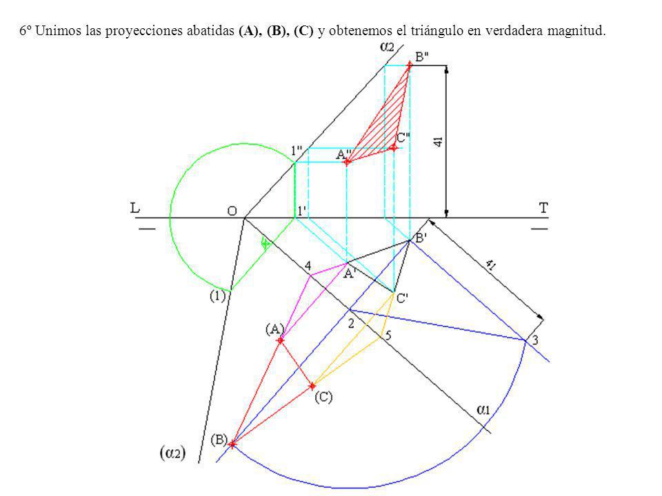 6º Unimos las proyecciones abatidas (A), (B), (C) y obtenemos el triángulo en verdadera magnitud.