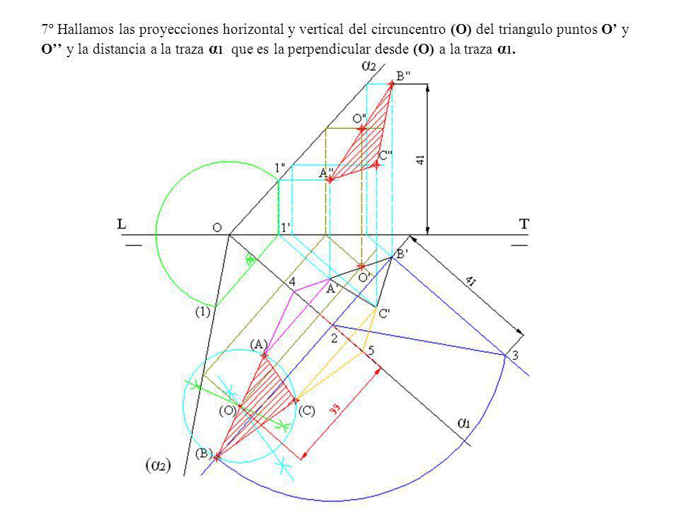 7º Hallamos las proyecciones horizontal y vertical del circuncentro (O) del triangulo puntos O’ y O’’ y la distancia a la traza α1 que es la perpendicular desde (O) a la traza α1.