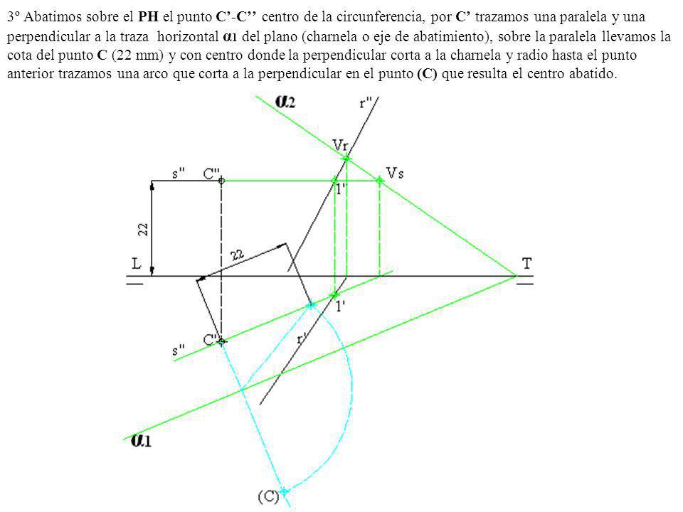 3º Abatimos sobre el PH el punto C’-C’’ centro de la circunferencia, por C’ trazamos una paralela y una perpendicular a la traza horizontal α1 del plano (charnela o eje de abatimiento), sobre la paralela llevamos la cota del punto C (22 mm) y con centro donde la perpendicular corta a la charnela y radio hasta el punto anterior trazamos una arco que corta a la perpendicular en el punto (C) que resulta el centro abatido.