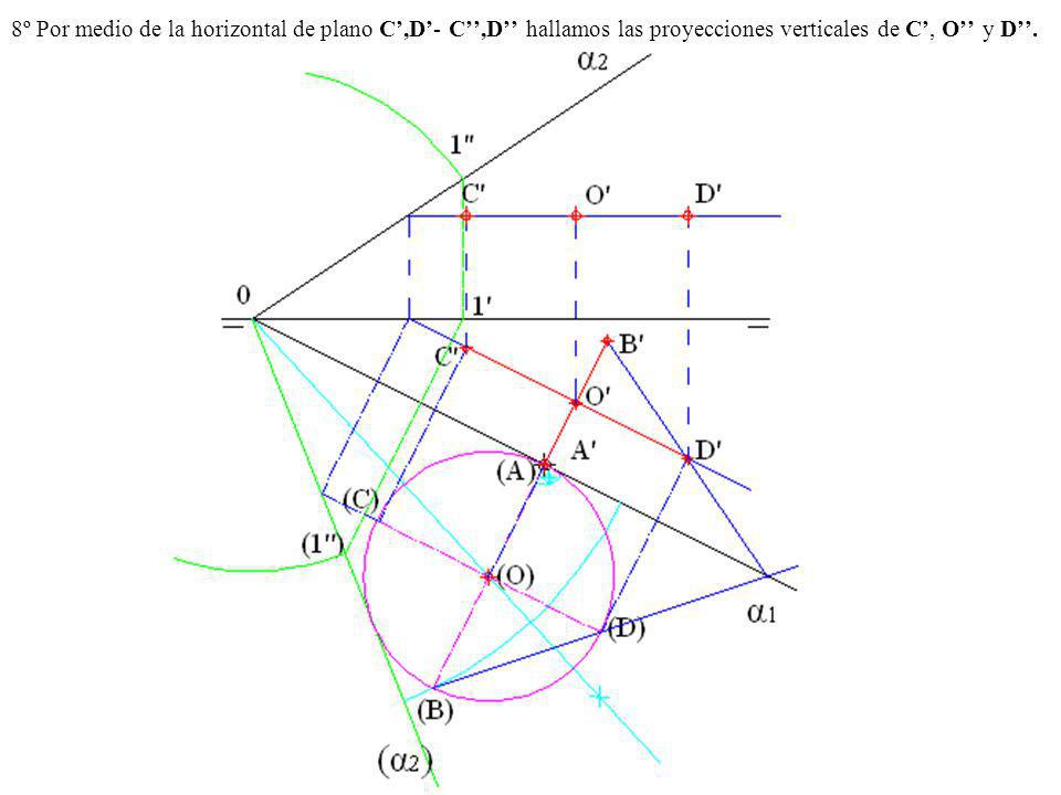 8º Por medio de la horizontal de plano C’,D’- C’’,D’’ hallamos las proyecciones verticales de C’, O’’ y D’’.