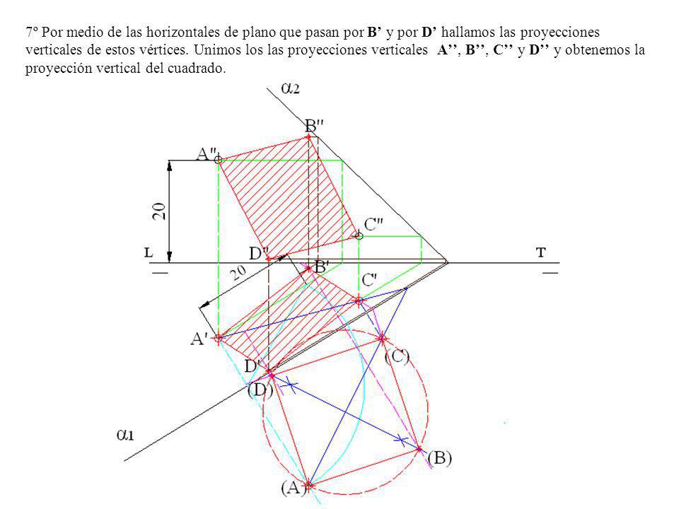 7º Por medio de las horizontales de plano que pasan por B’ y por D’ hallamos las proyecciones verticales de estos vértices.