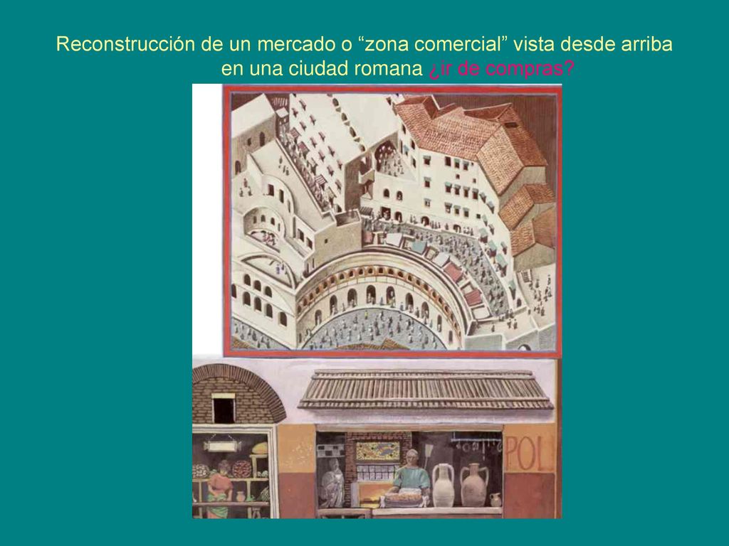 Reconstrucción de un mercado o zona comercial vista desde arriba en una ciudad romana ¿ir de compras