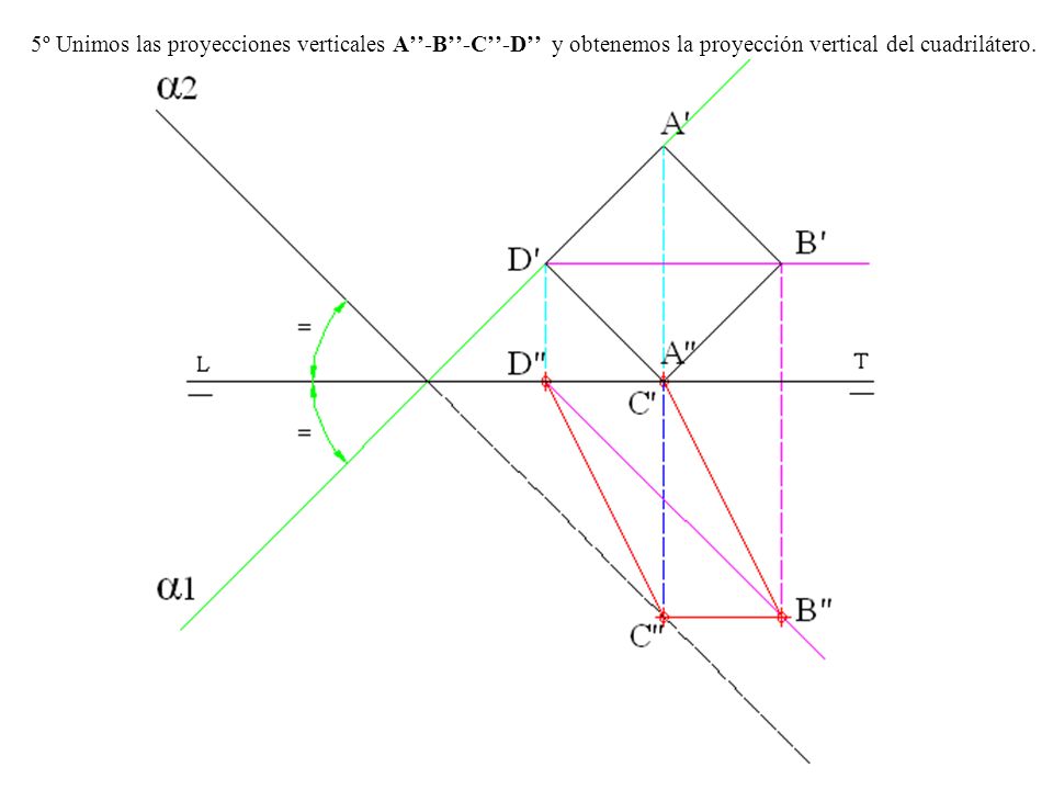 5º Unimos las proyecciones verticales A’’-B’’-C’’-D’’ y obtenemos la proyección vertical del cuadrilátero.