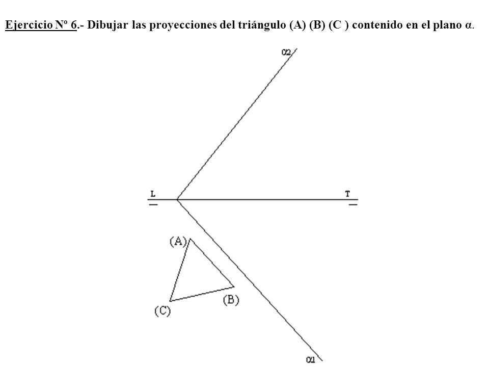 Ejercicio Nº 6.- Dibujar las proyecciones del triángulo (A) (B) (C ) contenido en el plano α.