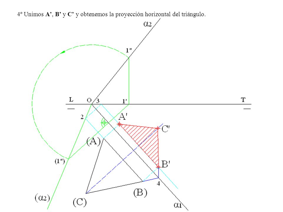 4º Unimos A’, B’ y C’ y obtenemos la proyección horizontal del triángulo.