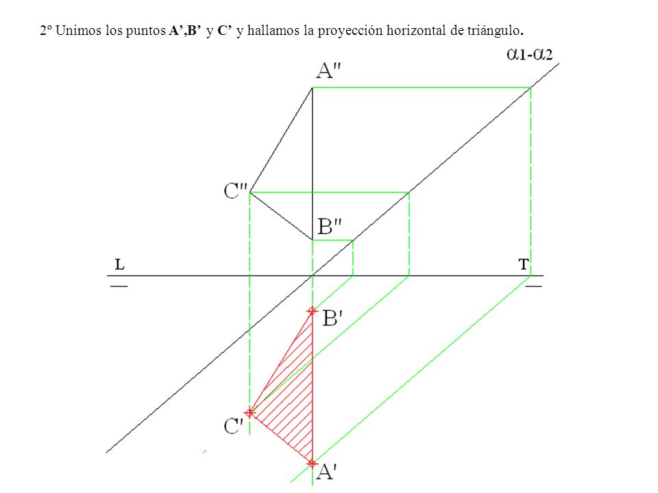 2º Unimos los puntos A’,B’ y C’ y hallamos la proyección horizontal de triángulo.