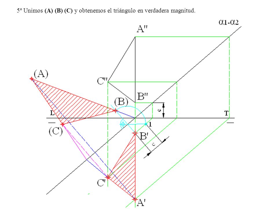 5º Unimos (A) (B) (C) y obtenemos el triángulo en verdadera magnitud.