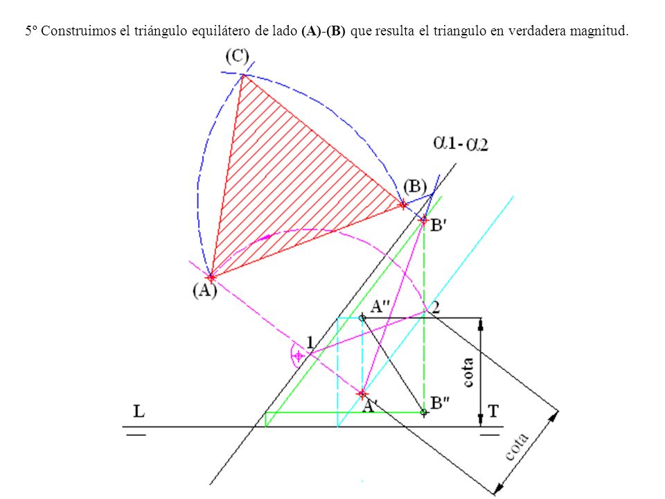 5º Construimos el triángulo equilátero de lado (A)-(B) que resulta el triangulo en verdadera magnitud.