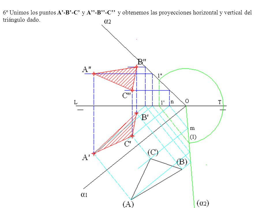 6º Unimos los puntos A’-B’-C’ y A’’-B’’-C’’ y obtenemos las proyecciones horizontal y vertical del triángulo dado.