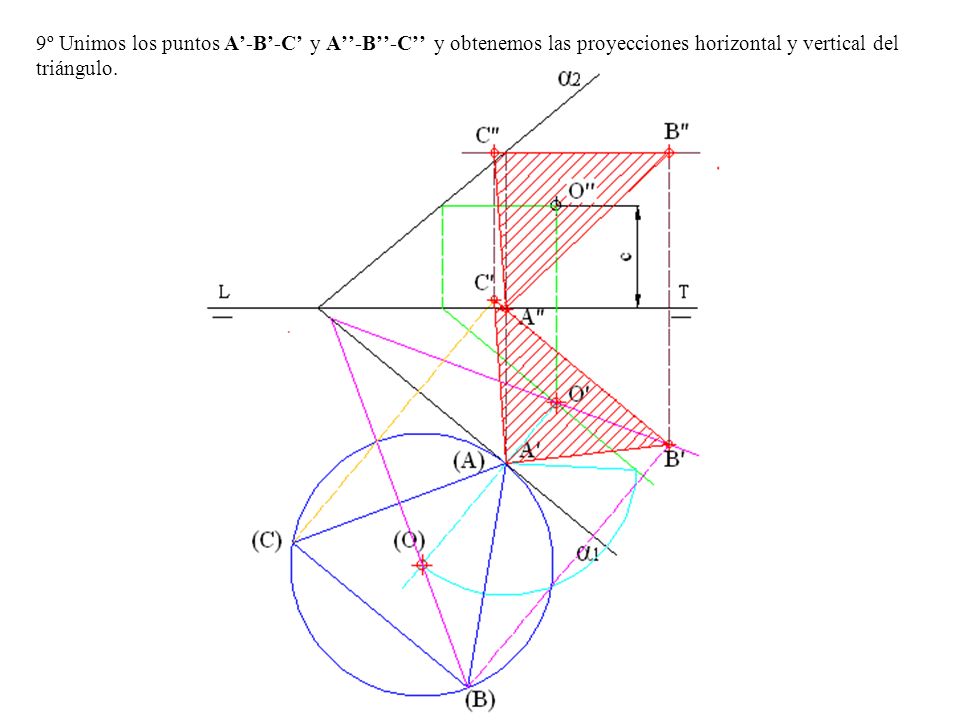 9º Unimos los puntos A’-B’-C’ y A’’-B’’-C’’ y obtenemos las proyecciones horizontal y vertical del triángulo.