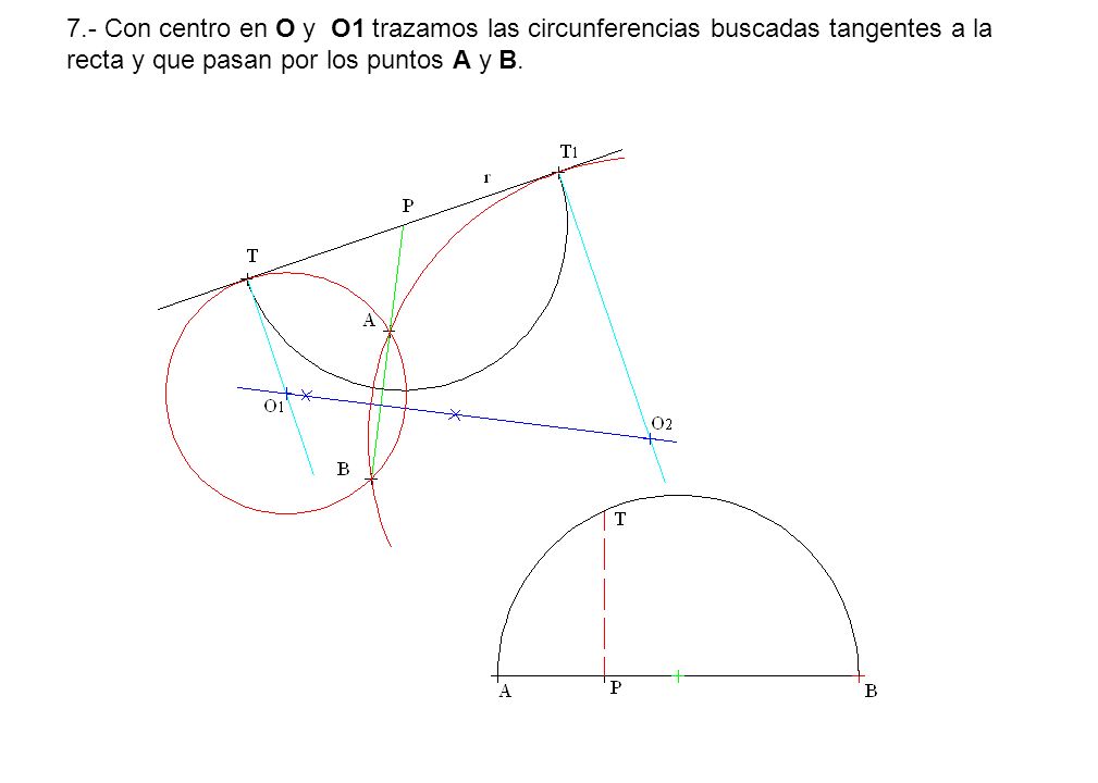 7.- Con centro en O y O1 trazamos las circunferencias buscadas tangentes a la recta y que pasan por los puntos A y B.
