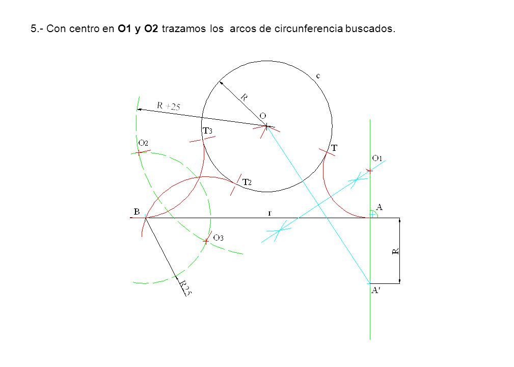 5.- Con centro en O1 y O2 trazamos los arcos de circunferencia buscados.