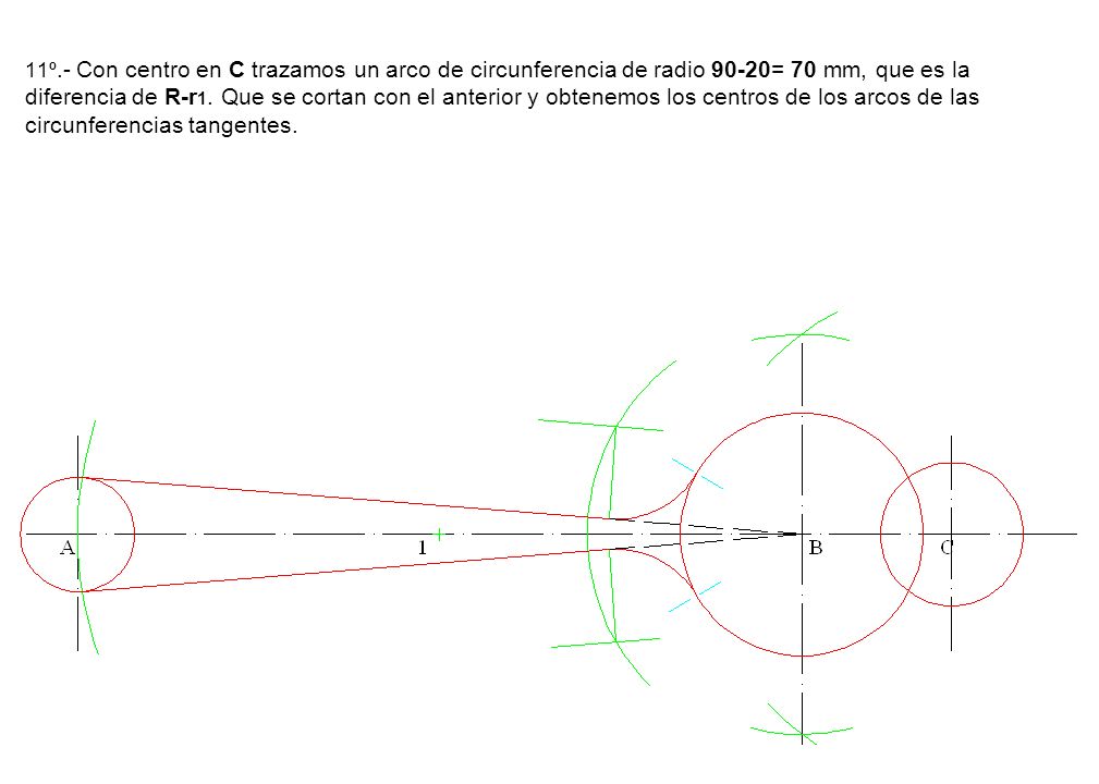 11º.- Con centro en C trazamos un arco de circunferencia de radio 90-20= 70 mm, que es la diferencia de R-r1.
